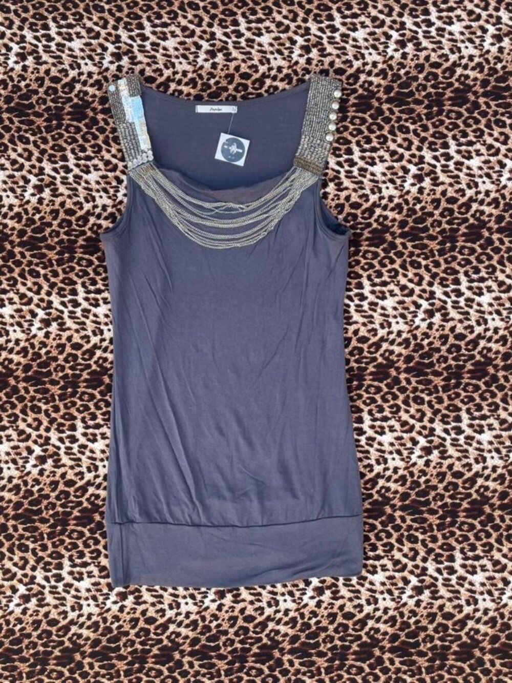 grey sleezy chain cowl neck top